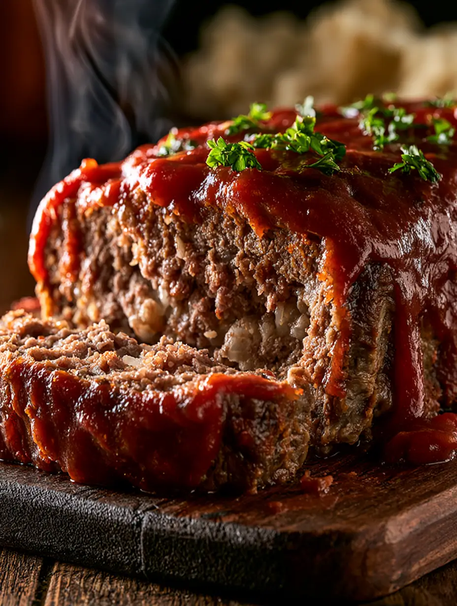 Close-up eye-level shot of a slice of amish meatloaf showing moist beef and sautéed onions.