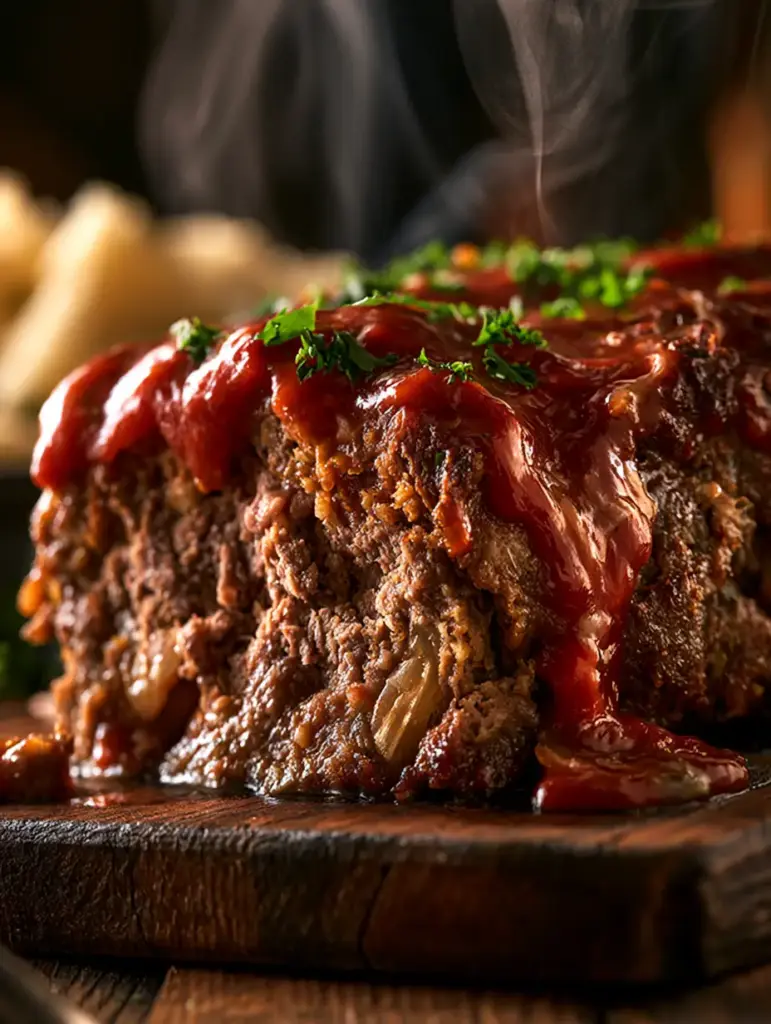 A thick slice of amish meatloaf with glistening glaze and steam gently rising.