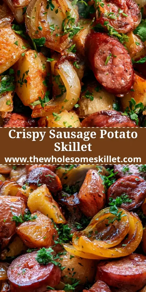 Sausage Potato Dinner: The Ultimate Crispy Skillet Kielbasa Recipe 4 Overhead view of a sausage potato dinner in a cast iron skillet with crispy potatoes and fresh parsley.