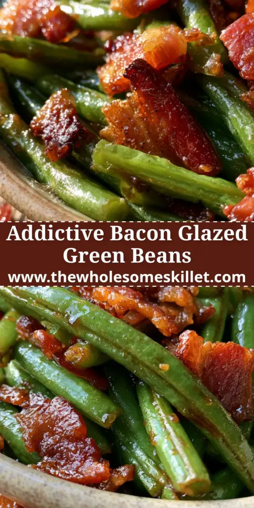 Green Beans with Sticky Brown Sugar Glaze and Caramelized Bacon 4 A rustic ceramic bowl filled with vibrant green beans coated in a glistening brown sugar and soy glaze with crispy bacon pieces.