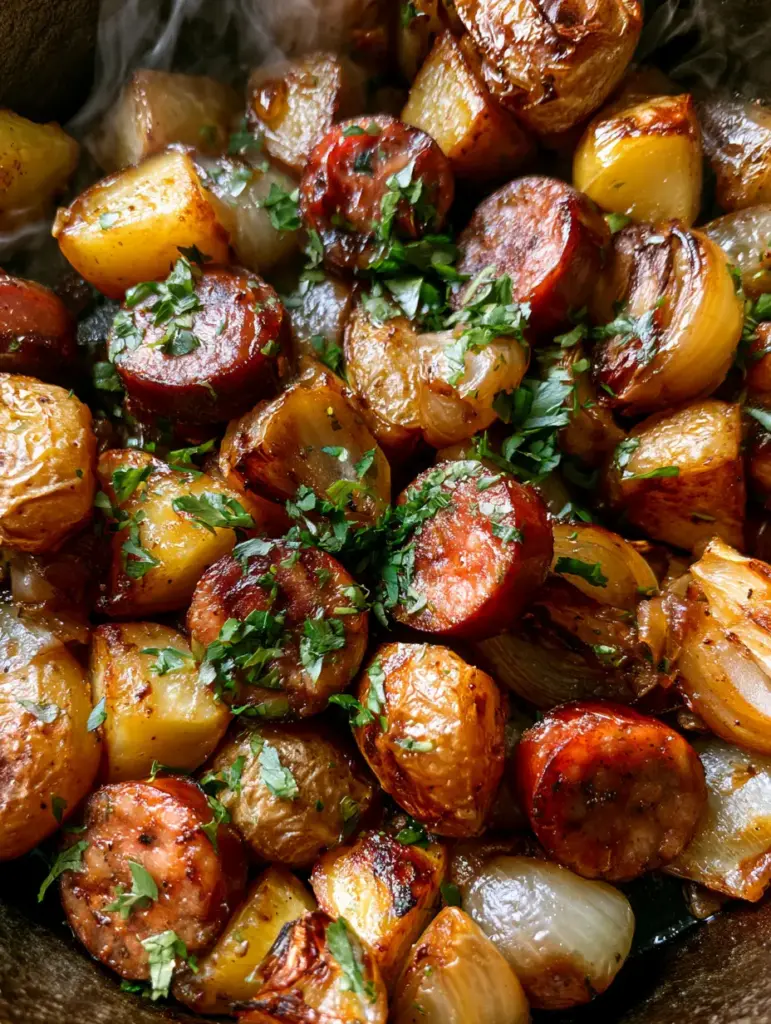 Sausage Potato Dinner: The Ultimate Crispy Skillet Kielbasa Recipe 2 Close-up of seared kielbasa and golden potato chunks in a skillet. (sausage potato dinner)