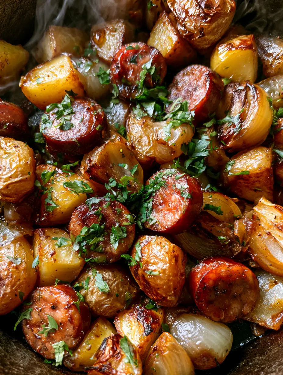 Sausage Potato Dinner: The Ultimate Crispy Skillet Kielbasa Recipe 3 Close-up of seared kielbasa and golden potato chunks in a skillet. (sausage potato dinner)