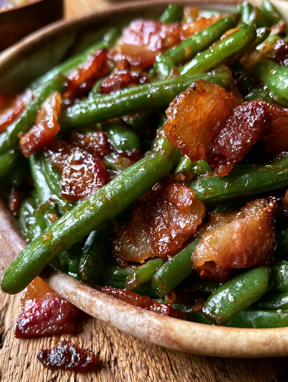 Green Beans with Sticky Brown Sugar Glaze and Caramelized Bacon 3 Close-up of glistening green beans with golden-brown bacon pieces and a thick, sticky glaze.