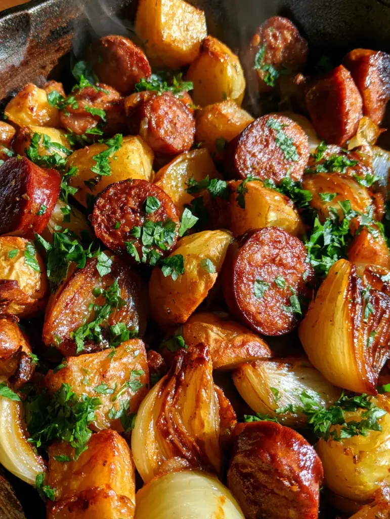 Sausage Potato Dinner: The Ultimate Crispy Skillet Kielbasa Recipe 1 Steam rising from a freshly cooked sausage potato dinner with caramelized onions.
