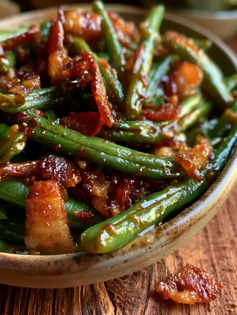 Green Beans with Sticky Brown Sugar Glaze and Caramelized Bacon 1 Overhead shot of glazed green beans in a rustic bowl on a textured wooden surface with natural lighting.